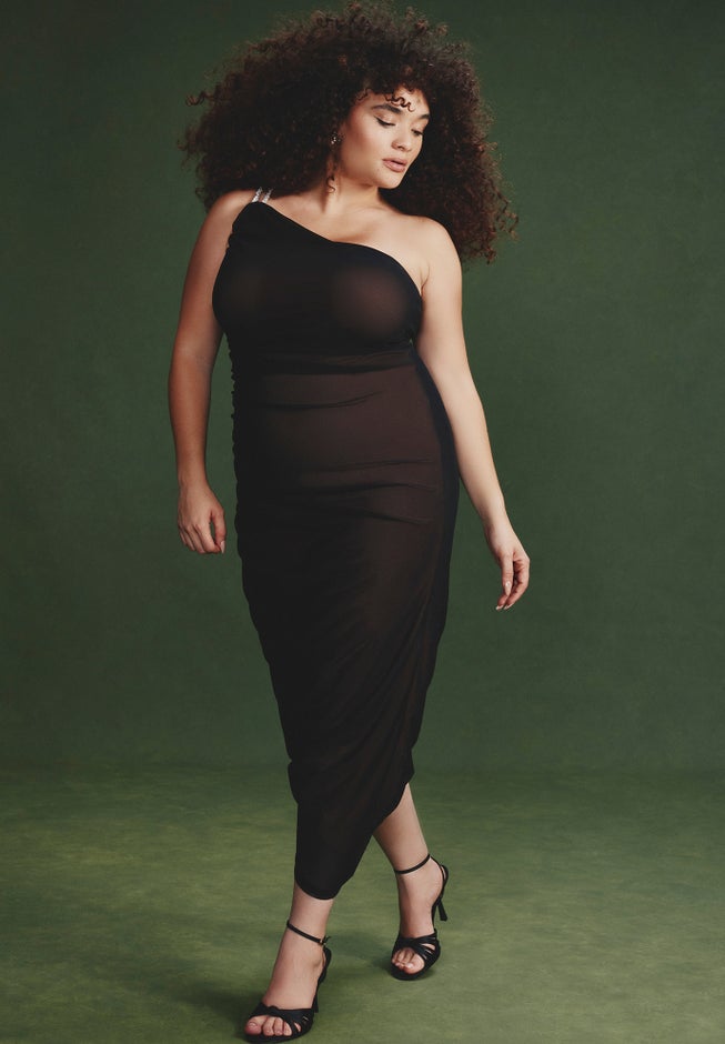 One Shoulder Mesh Overlay Dress image number null
