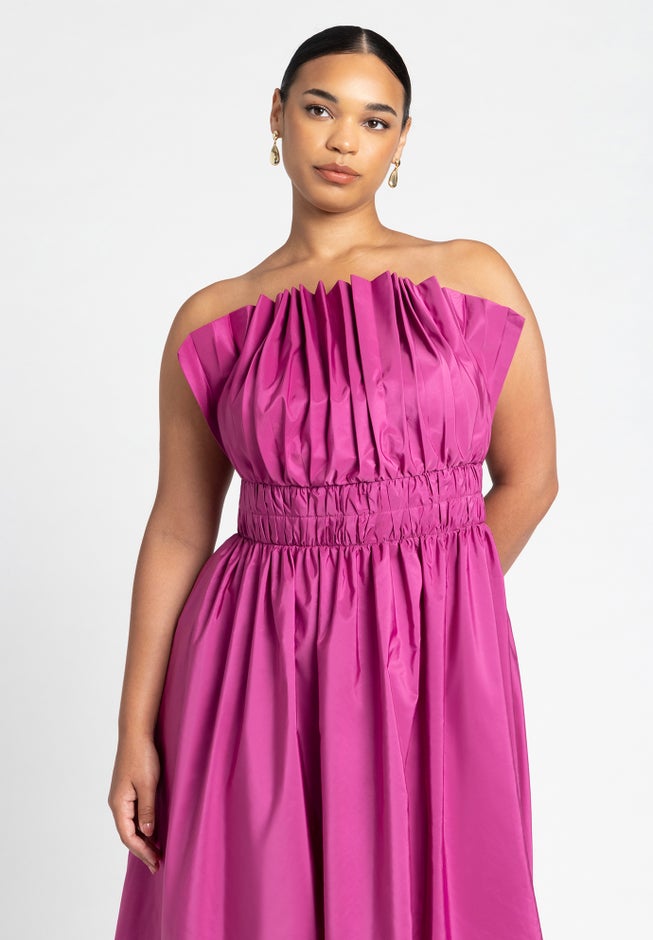 Pleated Ruffle Neckline Midi Dress image number 2