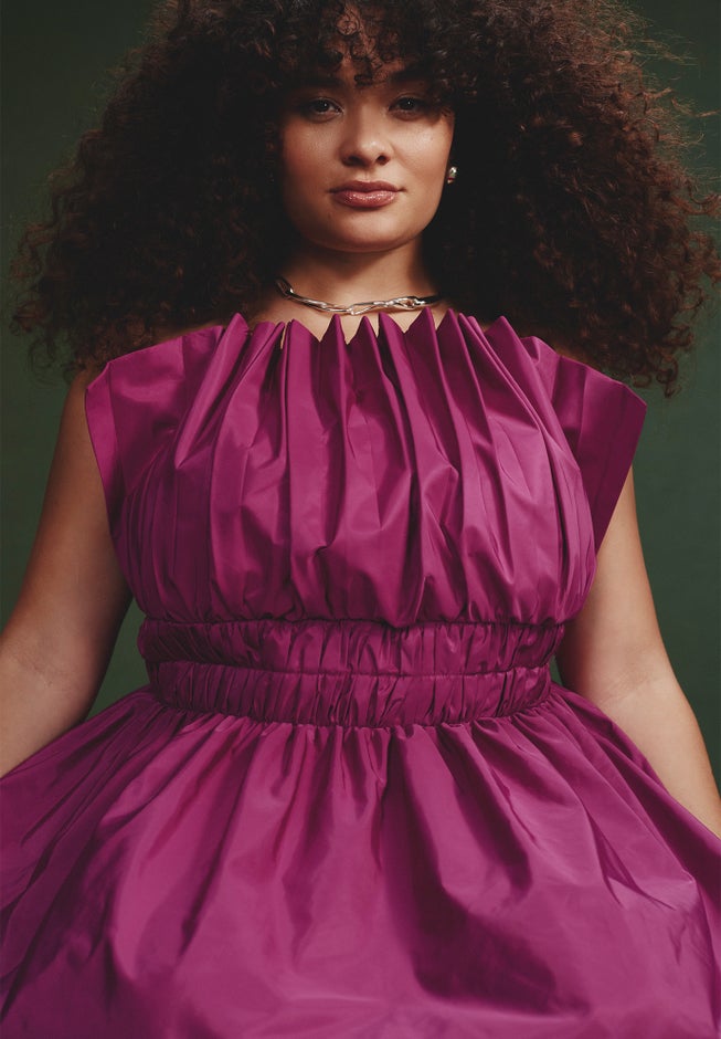 Pleated Ruffle Neckline Midi Dress image number 3