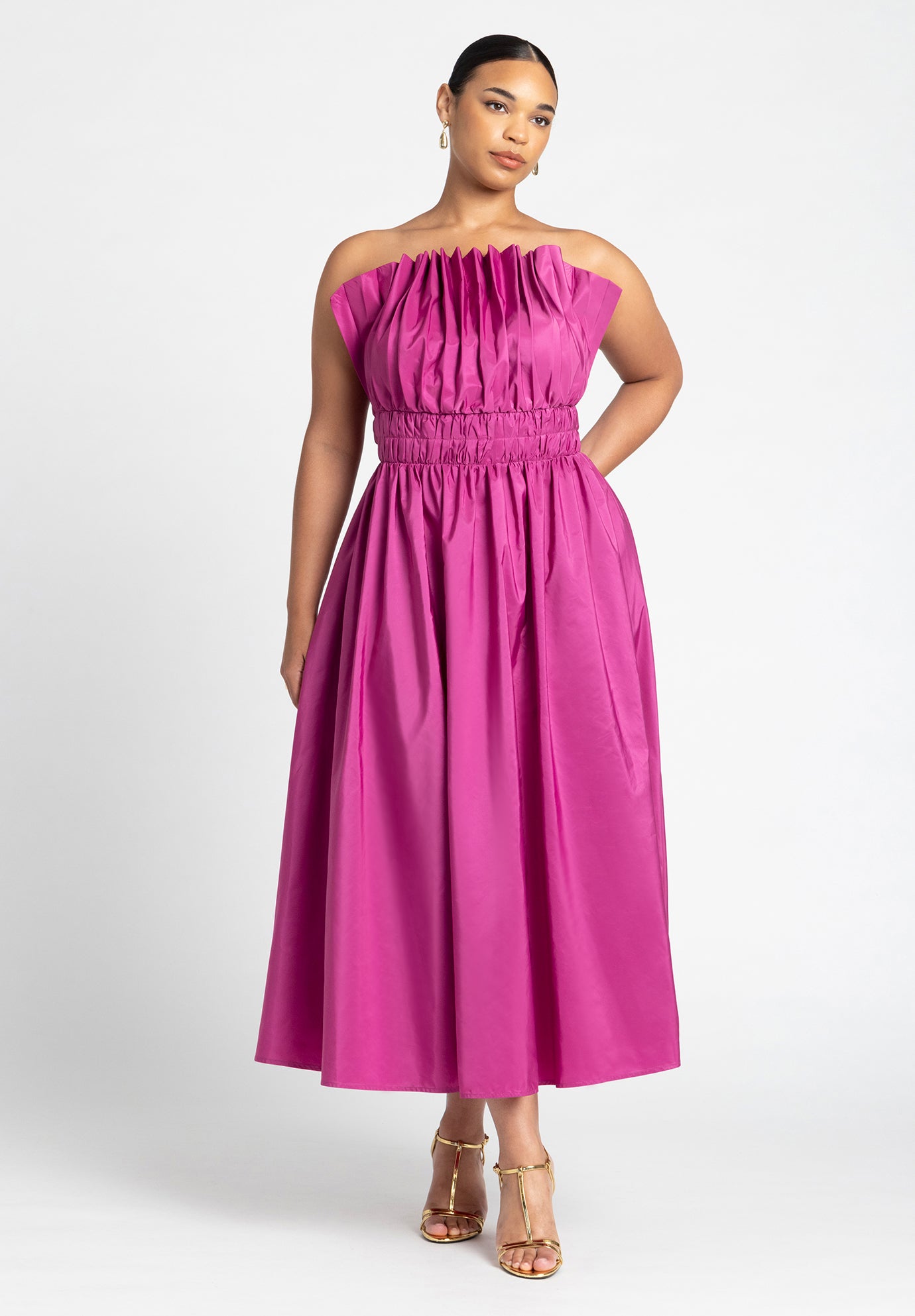 Pleated Ruffle Neckline Midi Dress image number 0