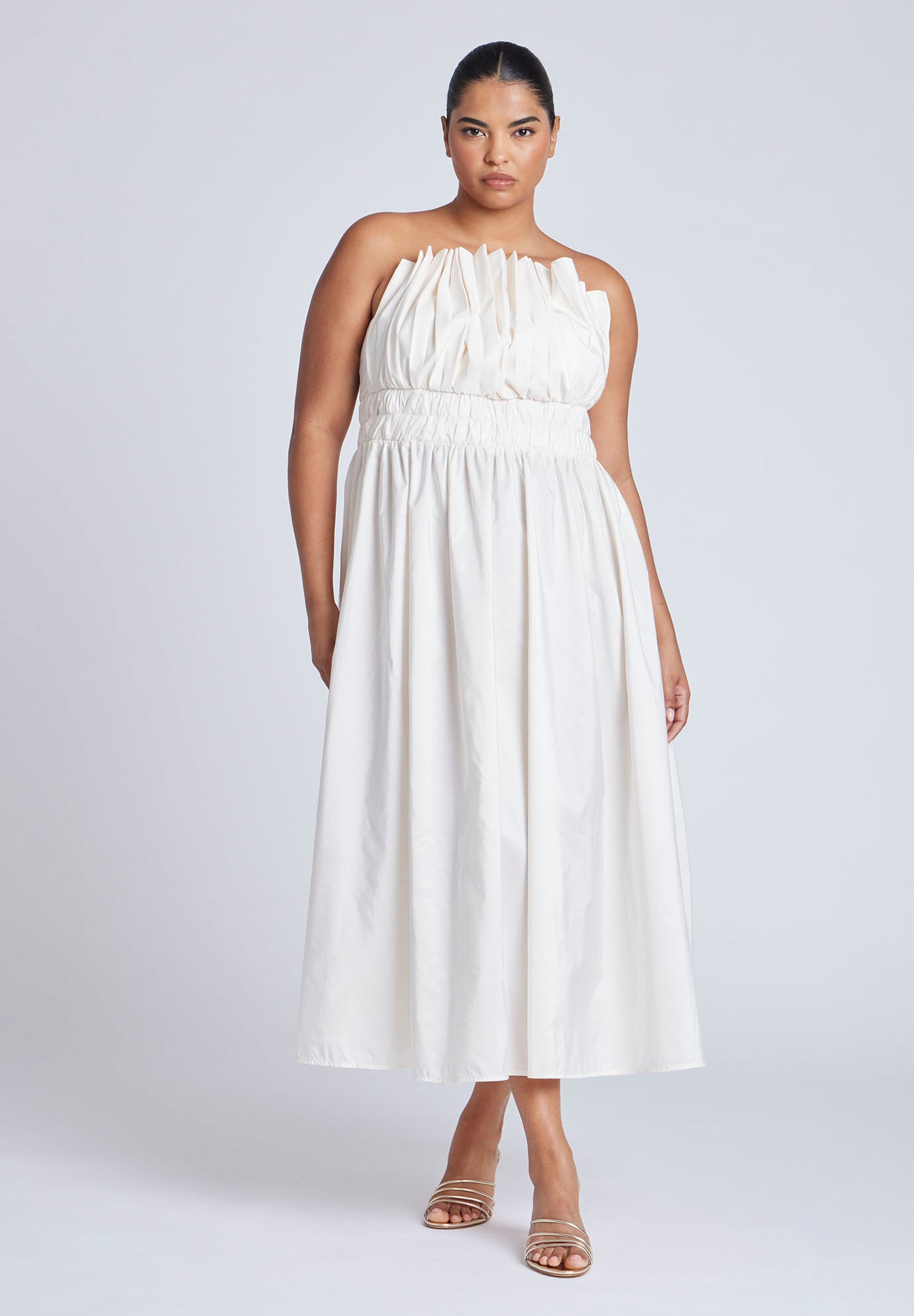 Pleated Ruffle Neckline Midi Dress image number 0