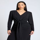 Shirred Strong Shoulder Tie Detail Dress image number null