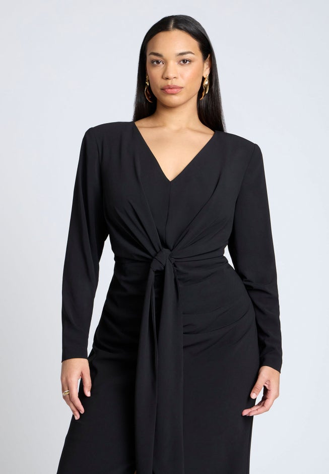 Shirred Strong Shoulder Tie Detail Dress image number 4
