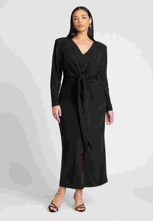 Shirred Strong Shoulder Tie Detail Dress image number 0