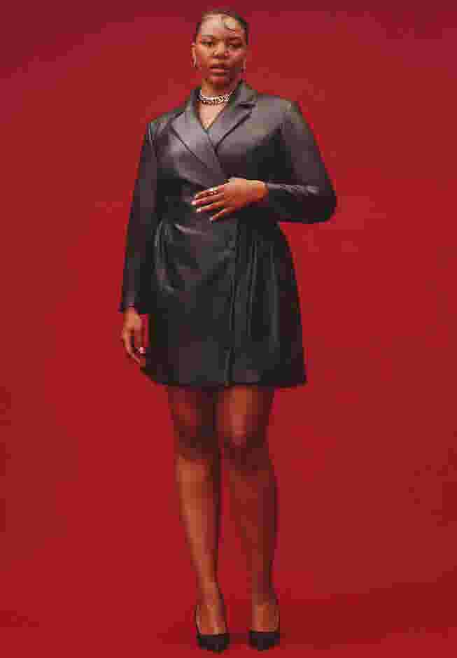 Faux Leather Elastic Waist Blazer Dress image number 0