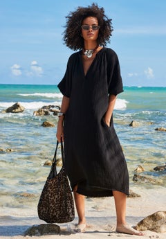plus size beach cover up dresses Plus Size Women's Surplice Maxi Cover Up Dress by Swimsuits For All in Natural Gold (Size 14/16)