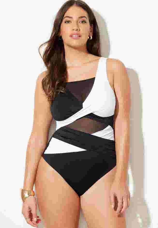 Mesh Colorblock Wrap One Piece Swimsuit image number 2