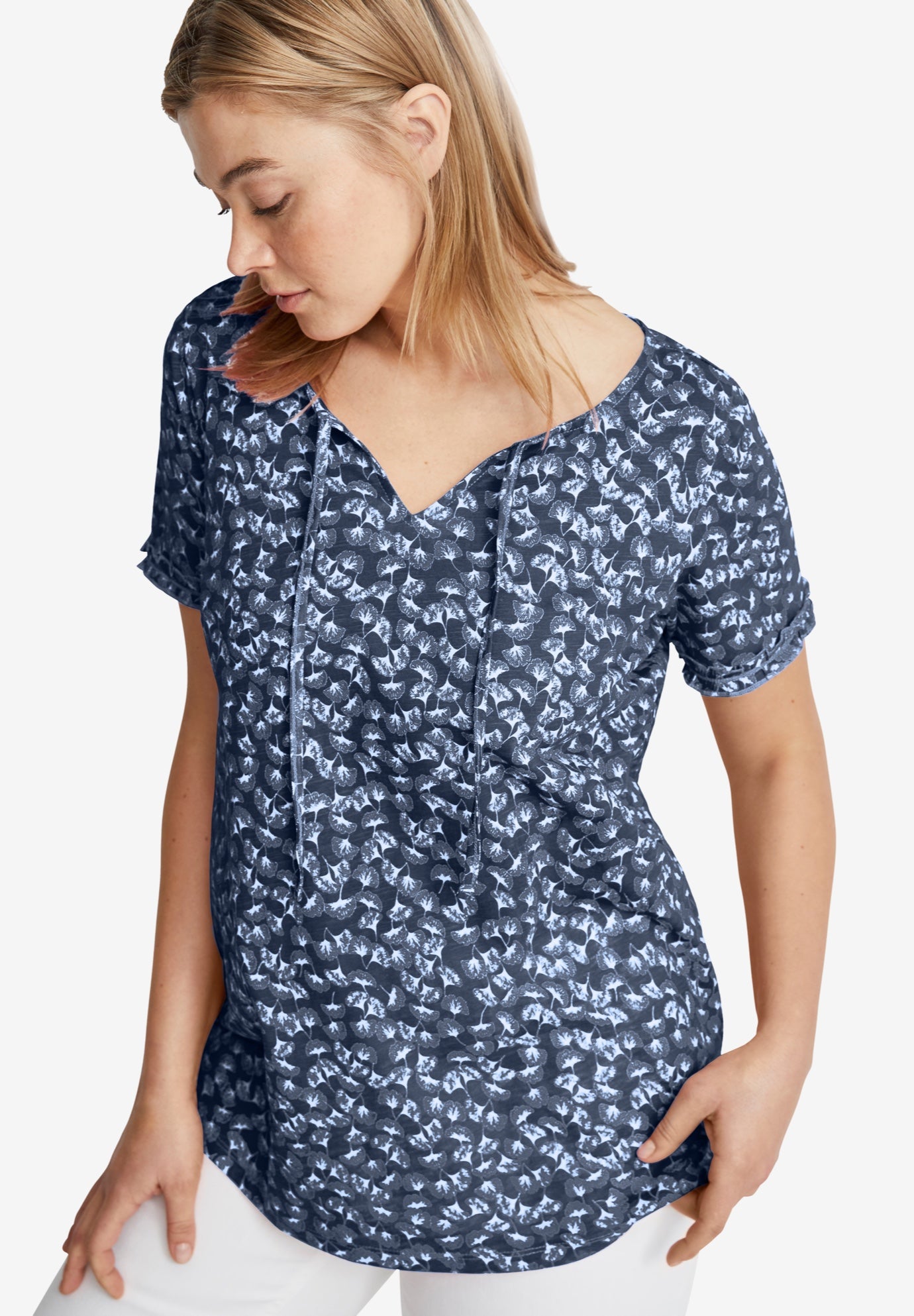 100% Cotton Slub Self-Tie Keyhole Neckline Short Sleeve Tee image number 0