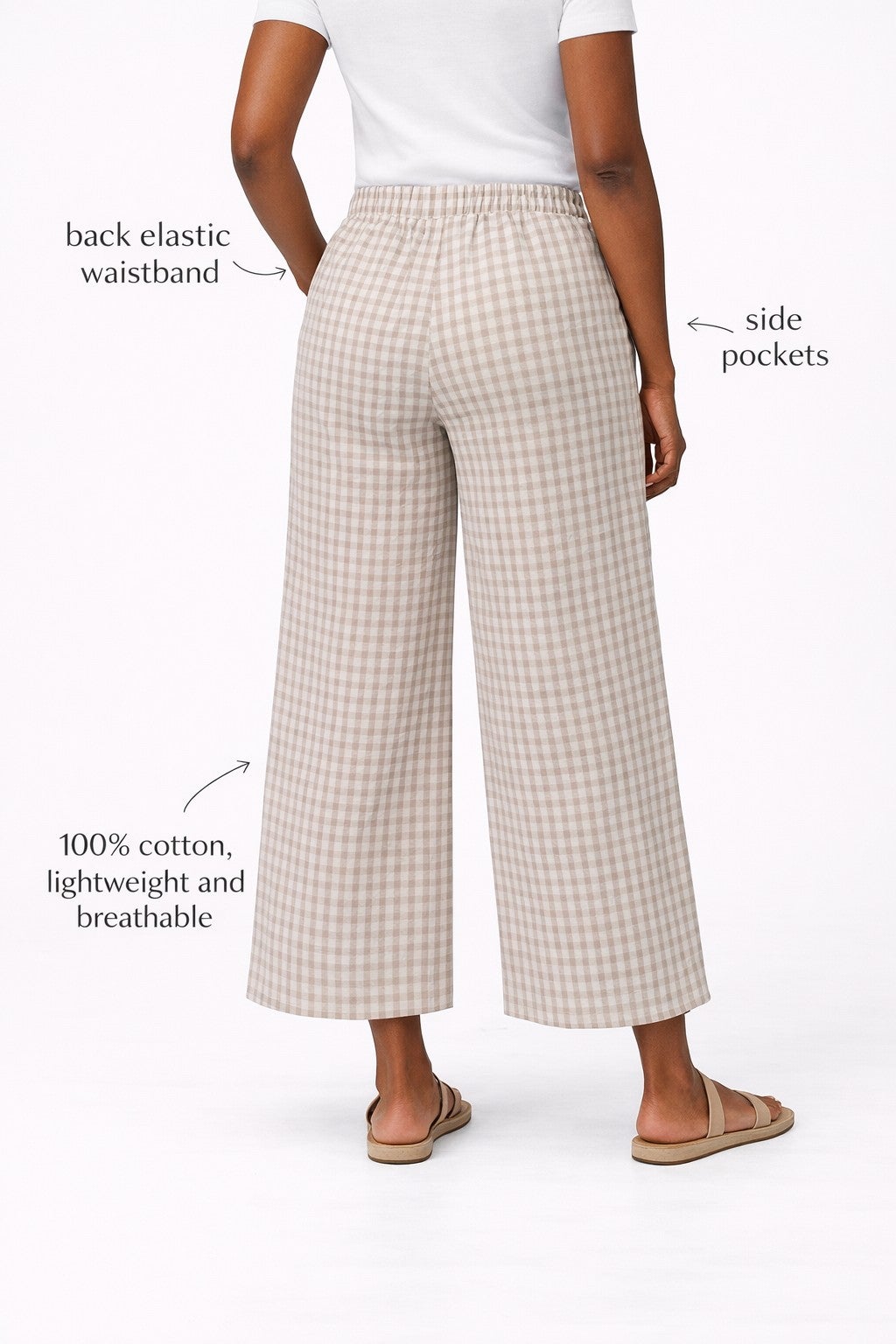 Gingham Back Elastic Wide Leg Crop Pants image number 2