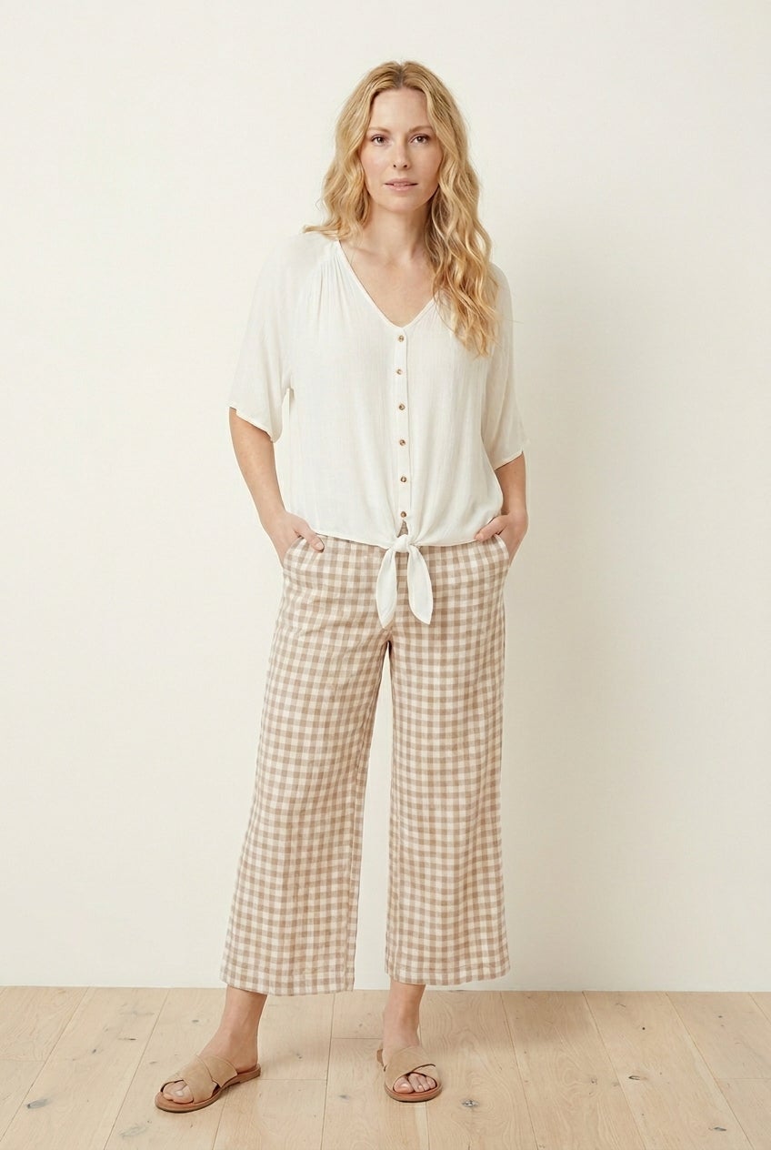 100% Cotton Wide Leg Gingham Seersucker Back Elastic Waist Crop Pants image number 0