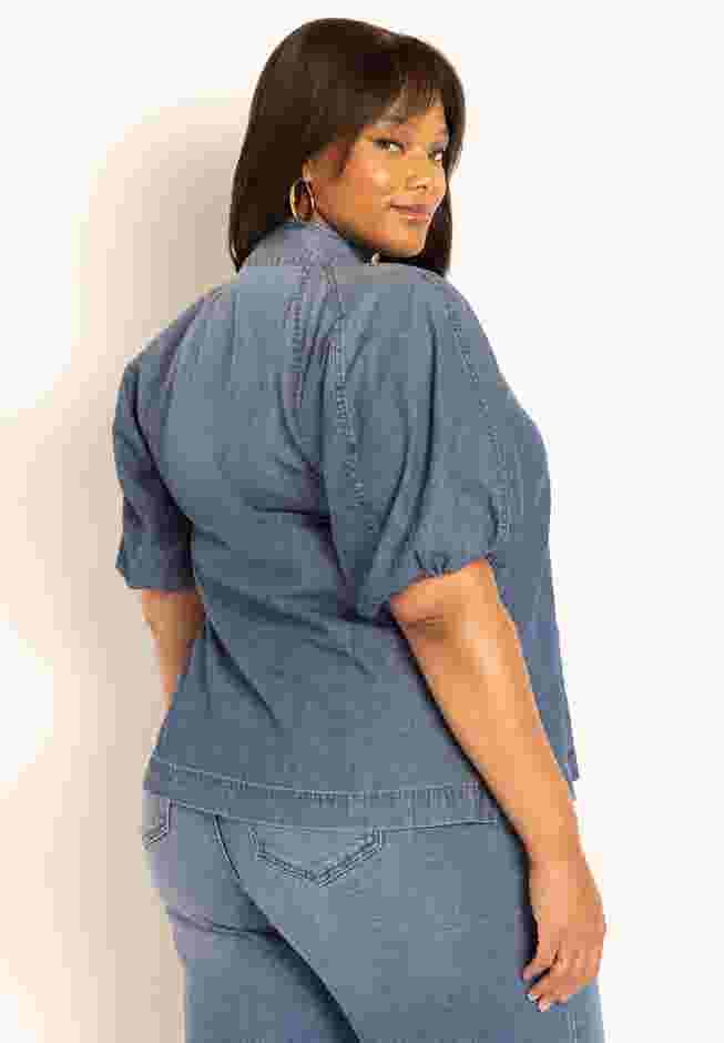 Puff Sleeve Chambray Tie Neck Top image number 1
