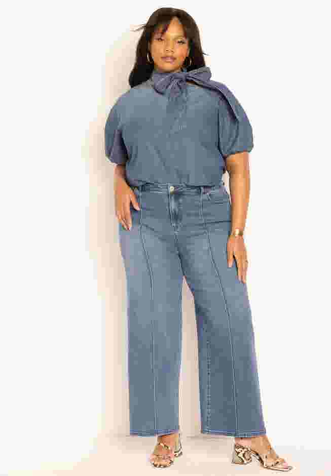 Puff Sleeve Chambray Tie Neck Top image number 2