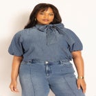 Puff Sleeve Chambray Tie Neck Top image number null