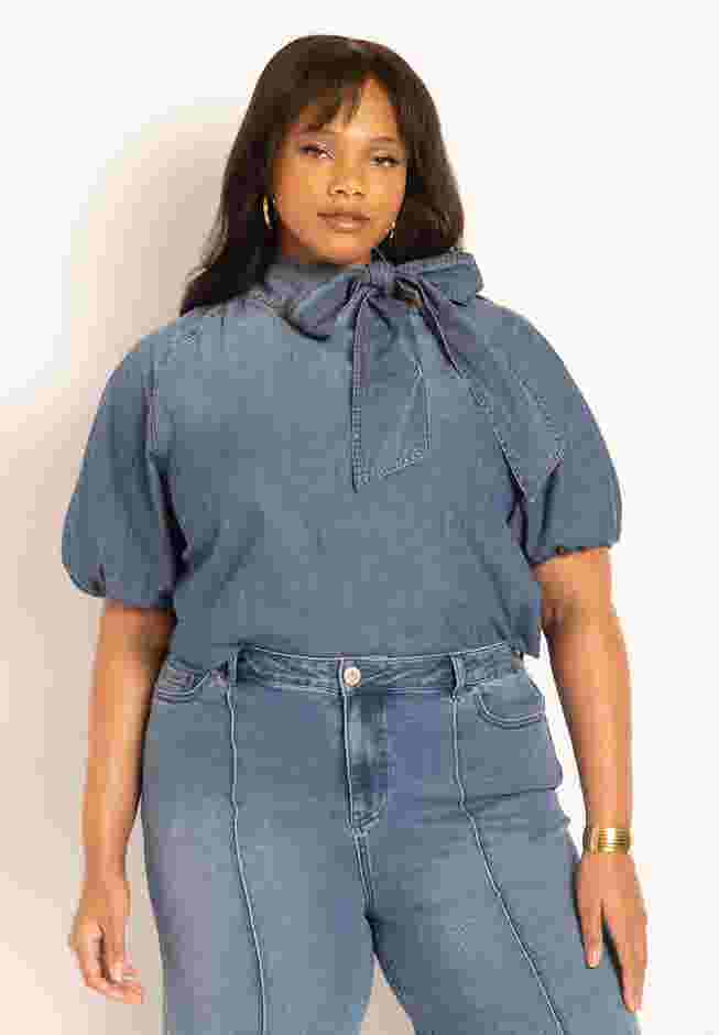 Puff Sleeve Chambray Tie Neck Top image number 0