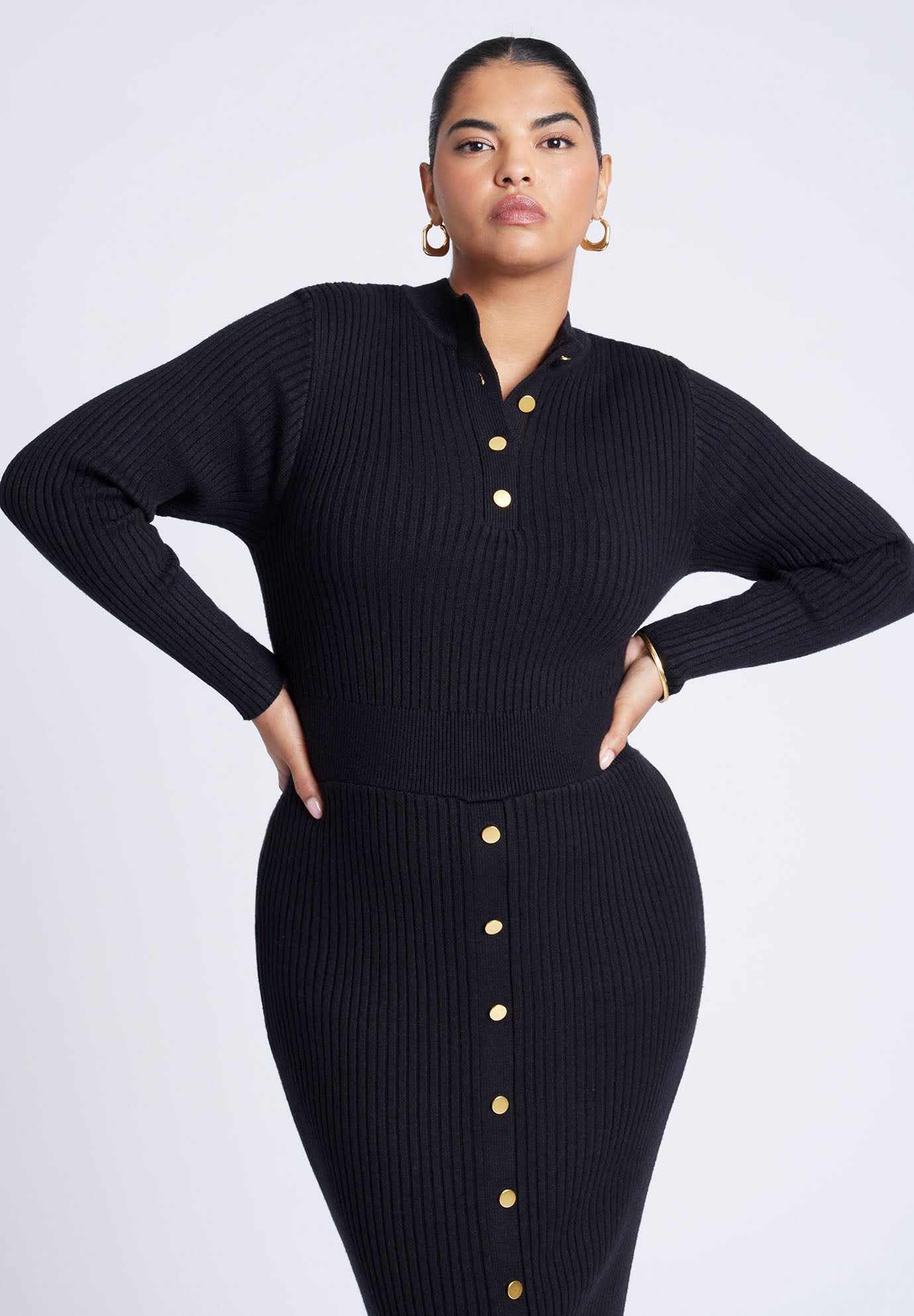 Mock Neck Rib Button Dress image number 1