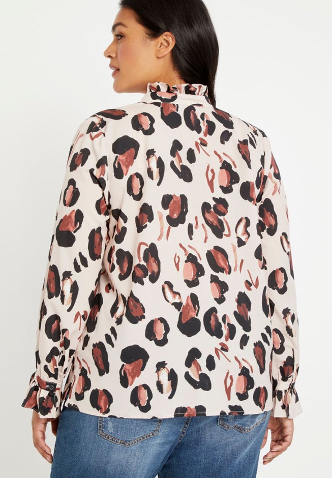 Printed Button Down Shirt with Ruffle Neck image number null