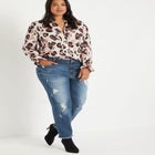 Printed Button Down Shirt With Ruffle Neck image number null