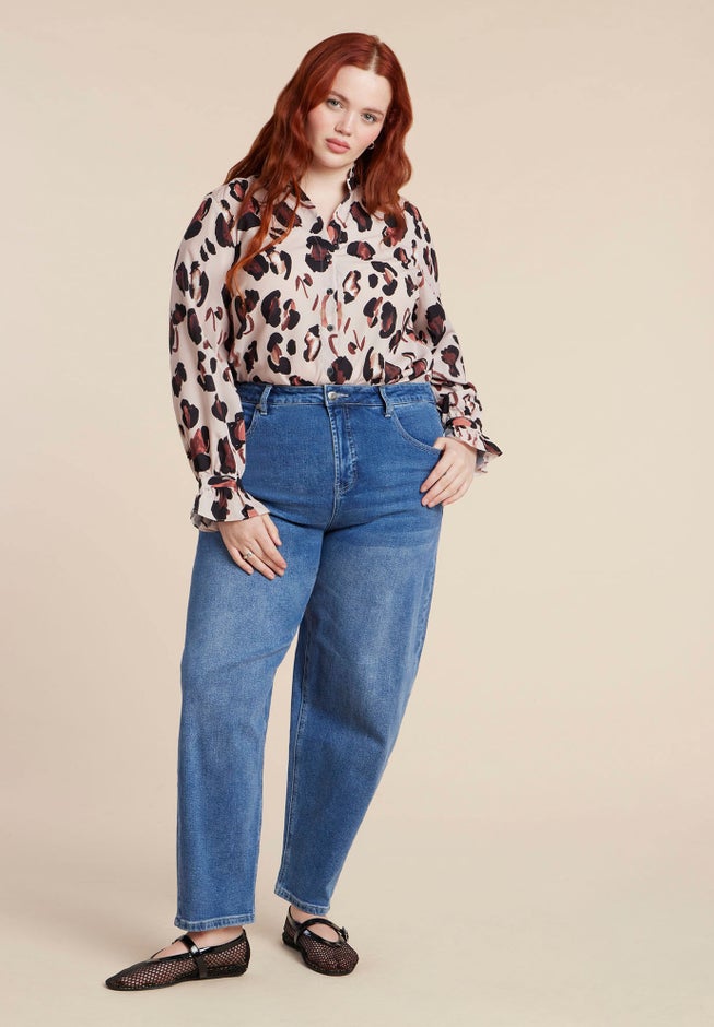 Printed Button Down Shirt with Ruffle Neck image number 2