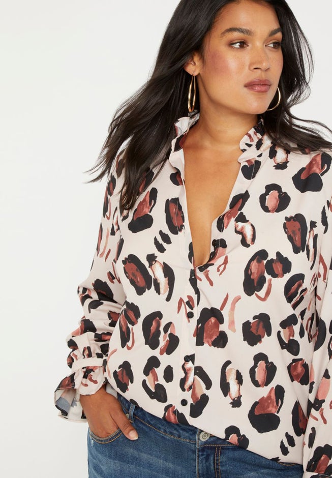 Printed Button Down Shirt With Ruffle Neck image number 0