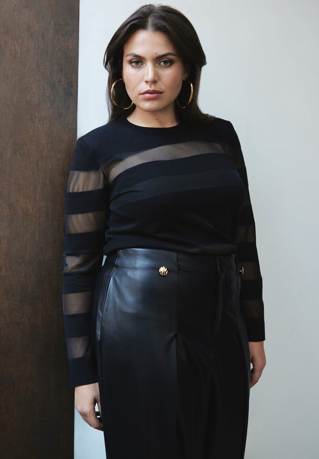 Sheer Stripe Sweater With Shoulder Pad image number 3