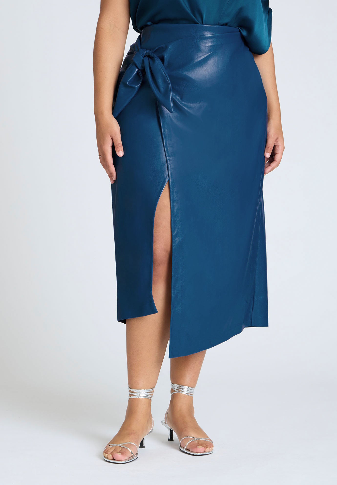 Wrap Front Faux Leather Midi Skirt image number 1