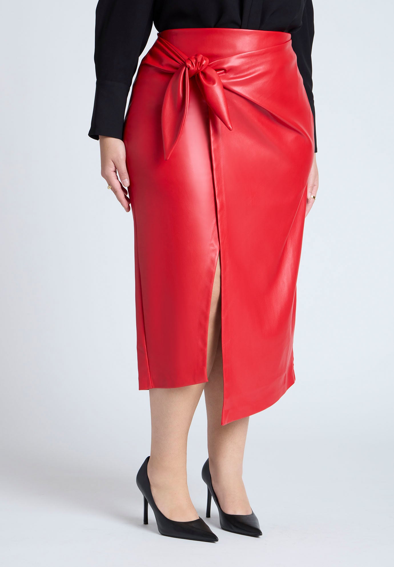 Wrap Front Faux Leather Midi Skirt image number 1