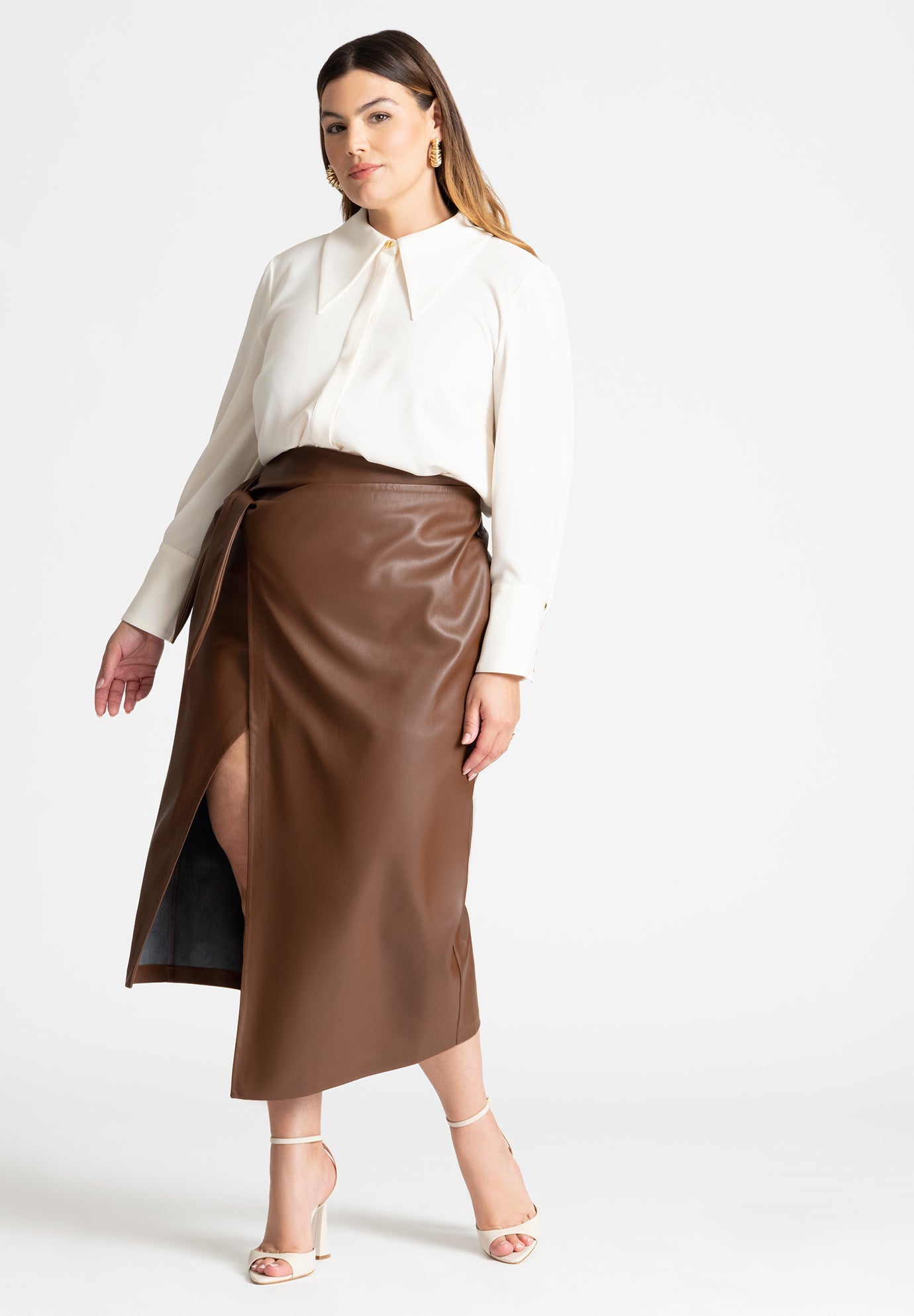 Wrap Front Faux Leather Midi Skirt image number 0
