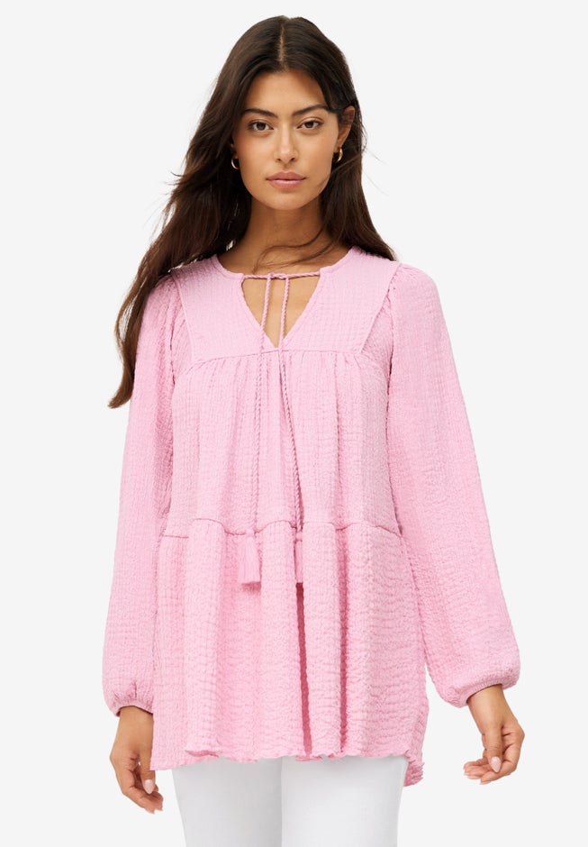 Keyhole Tiered Textured Knit Tunic image number 0