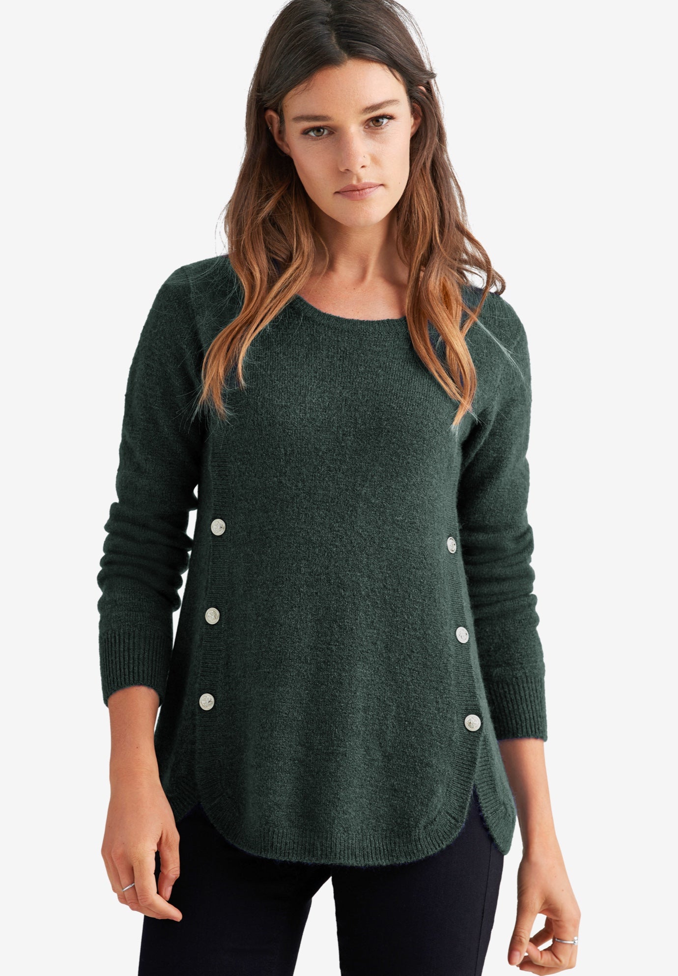 Stretch Scoop Neck Curved Hem With Buttons Pullover Sweater image number 0