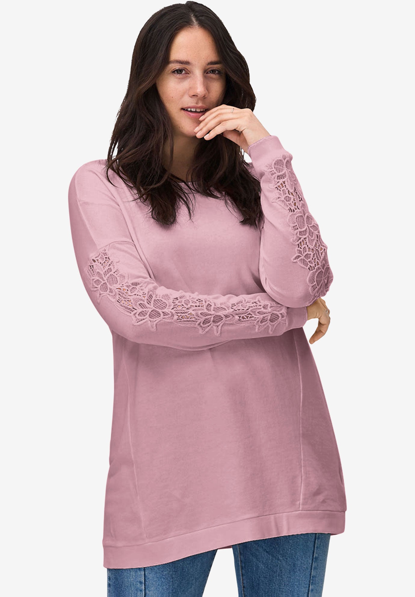 French Terry Lace Trim Sweatshirt Tunic image number 0