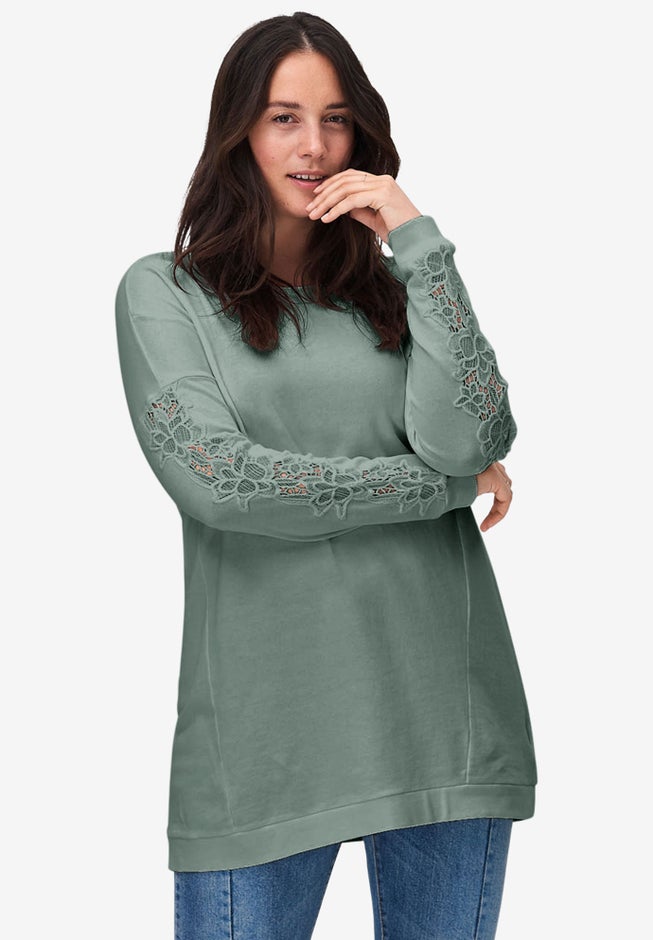 French Terry Lace Trim Sweatshirt Tunic image number 0
