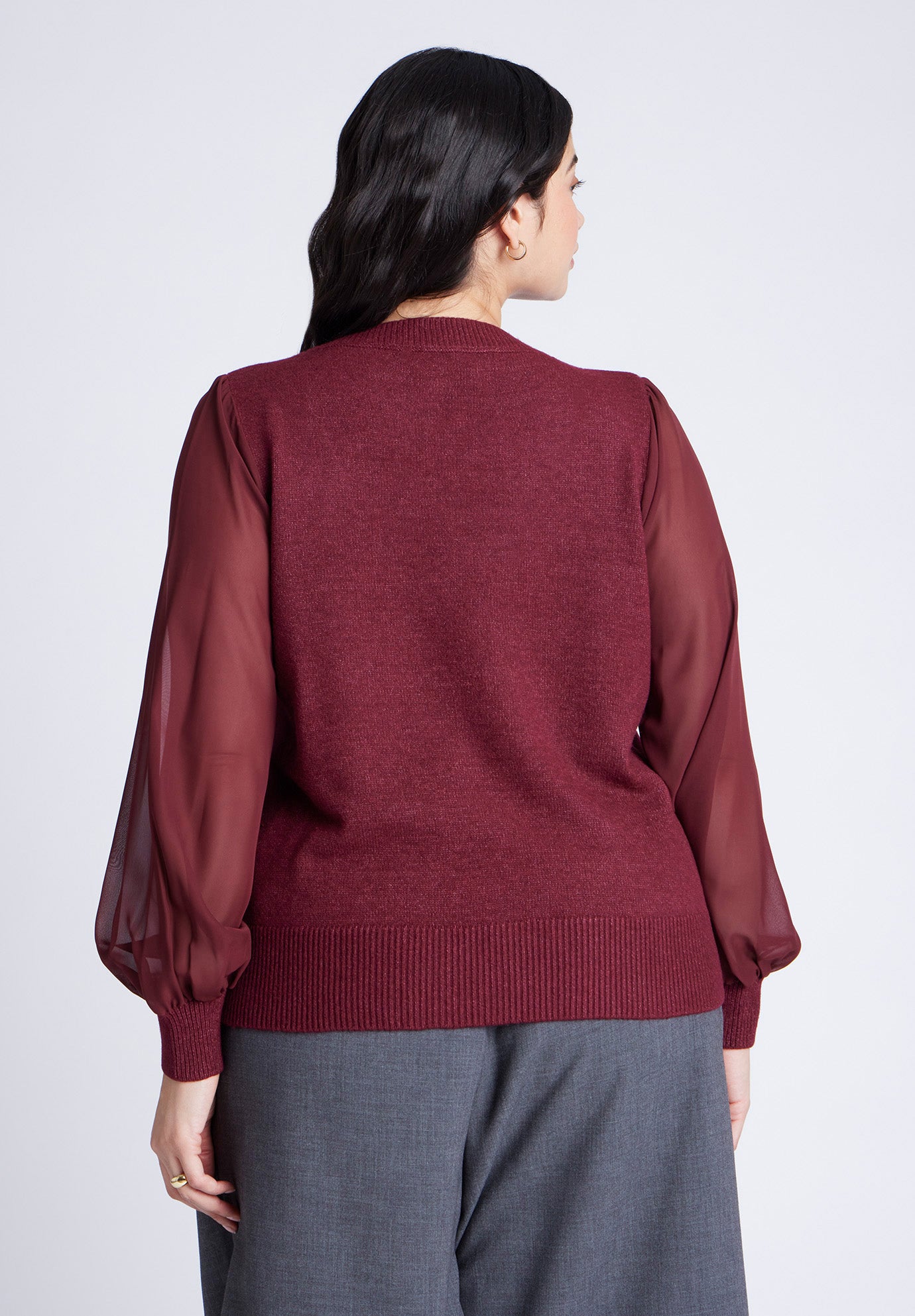 Sheer Sleeve V-Neck Sweater image number 1