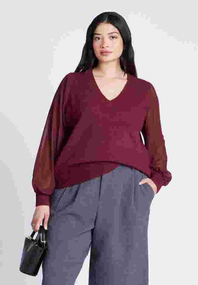 Sheer Sleeve V-Neck Sweater image number 2