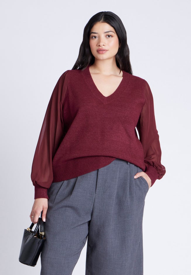 Sheer Sleeve V-Neck Sweater image number 2