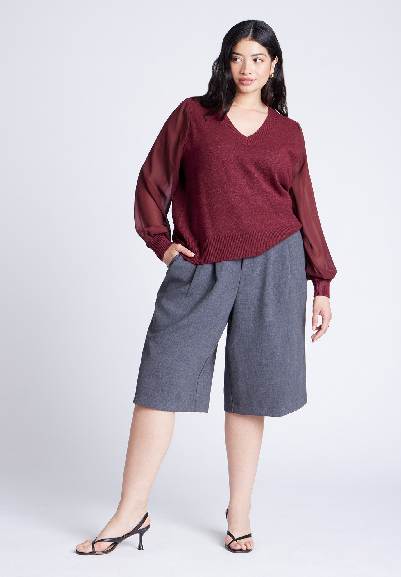 Sheer Sleeve V-Neck Sweater image number 4