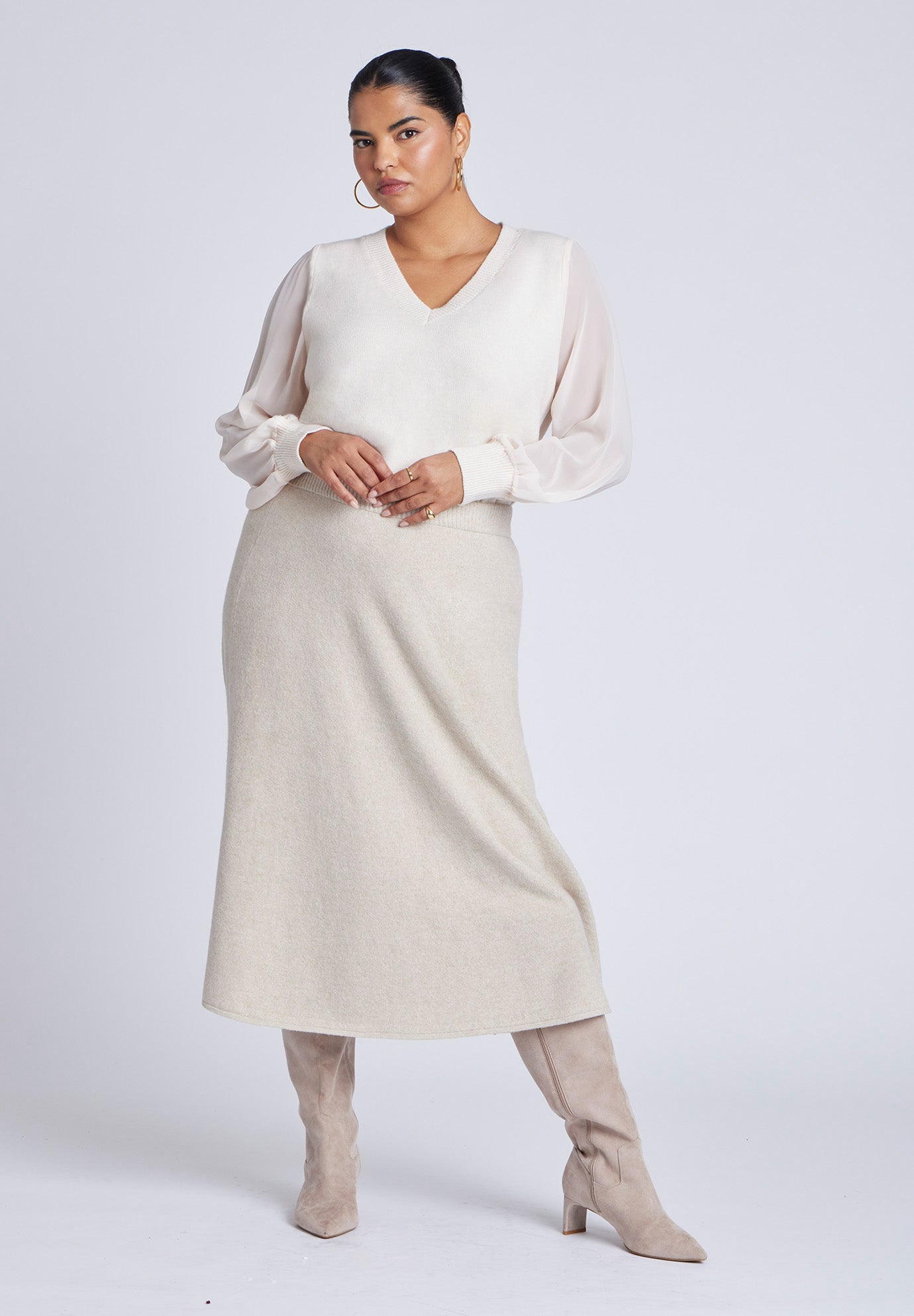 Sheer Sleeve V-Neck Sweater image number 3