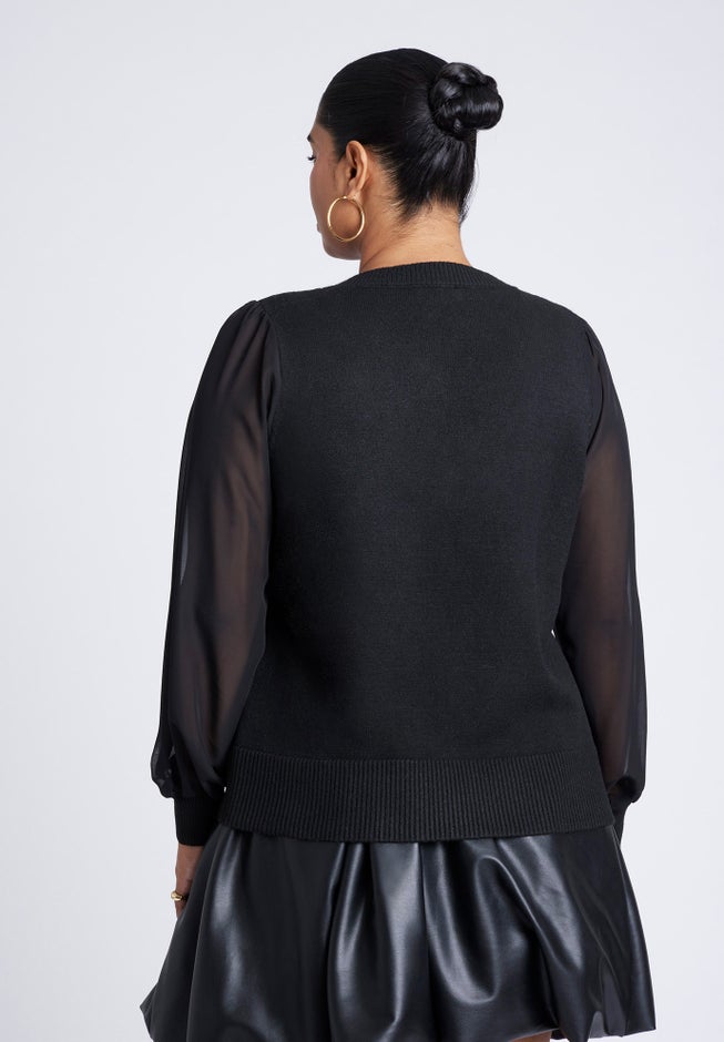 Sheer Sleeve V-Neck Sweater image number 1