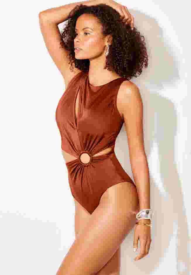 Shimmer High Neck Cut Out Ring One Piece Swimsuit image number 2
