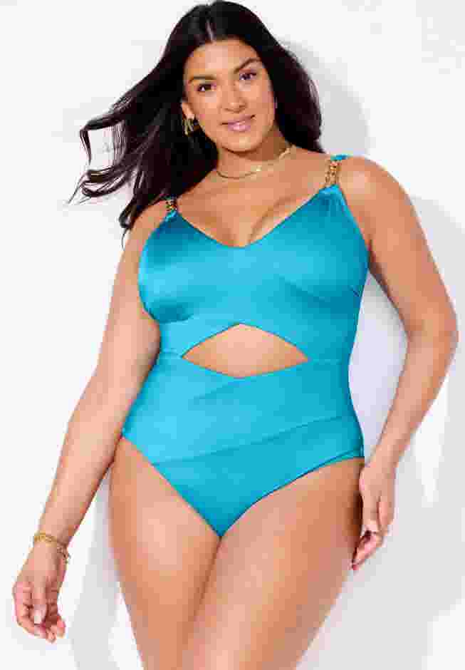 Shimmer Chain Accent Cut Out One Piece Swimsuit image number 0
