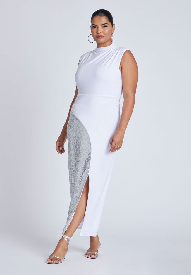 Funnel Neck Knit Dress With Sequin | Dia & Co Funnel Neck Knit Dress With Sequin | Dia & Co