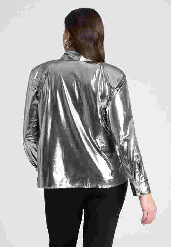 Metallic Button Up Top With Shoulder Pad image number 1