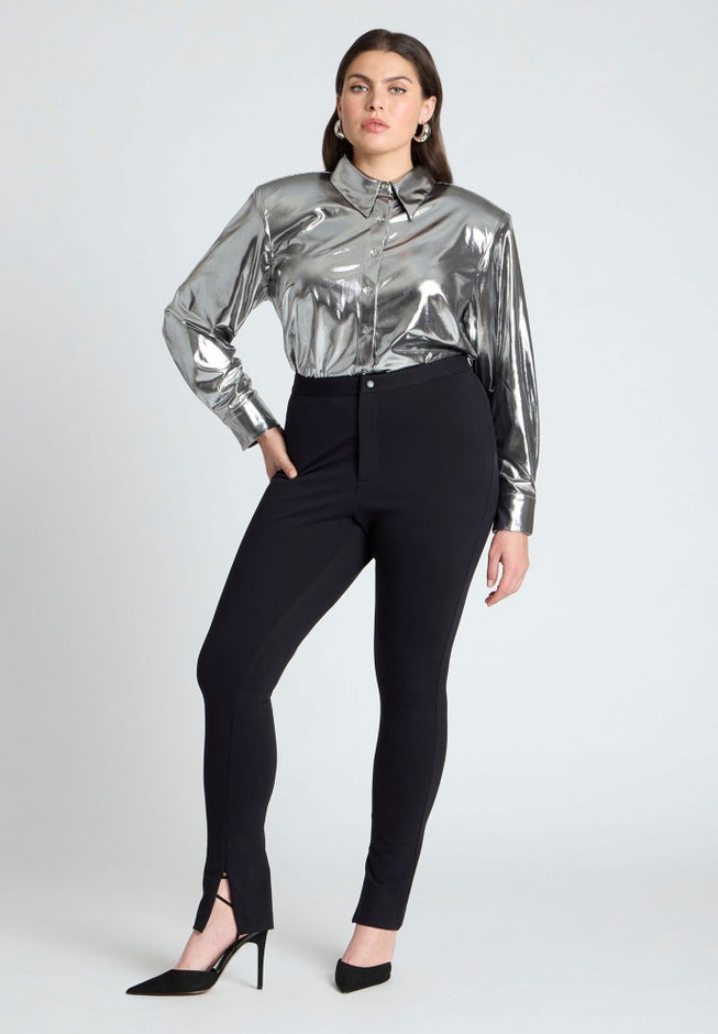 Metallic Button Up Top With Shoulder Pad image number null
