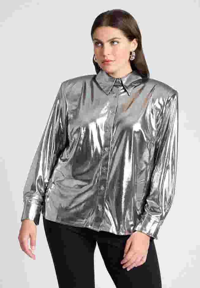 Metallic Button Up Top With Shoulder Pad image number 0