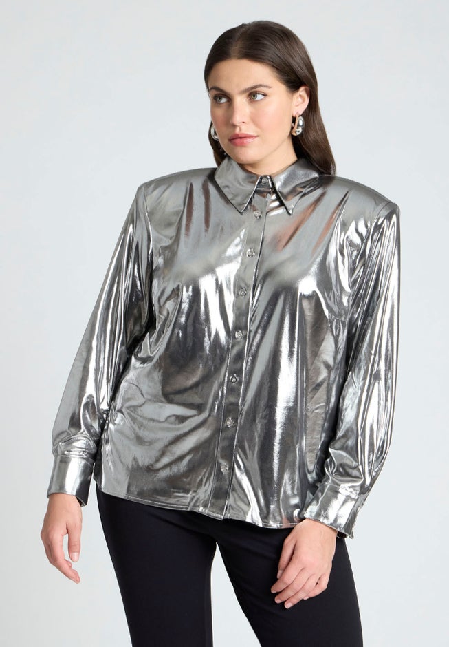 Metallic Button Up Top With Shoulder Pad image number null