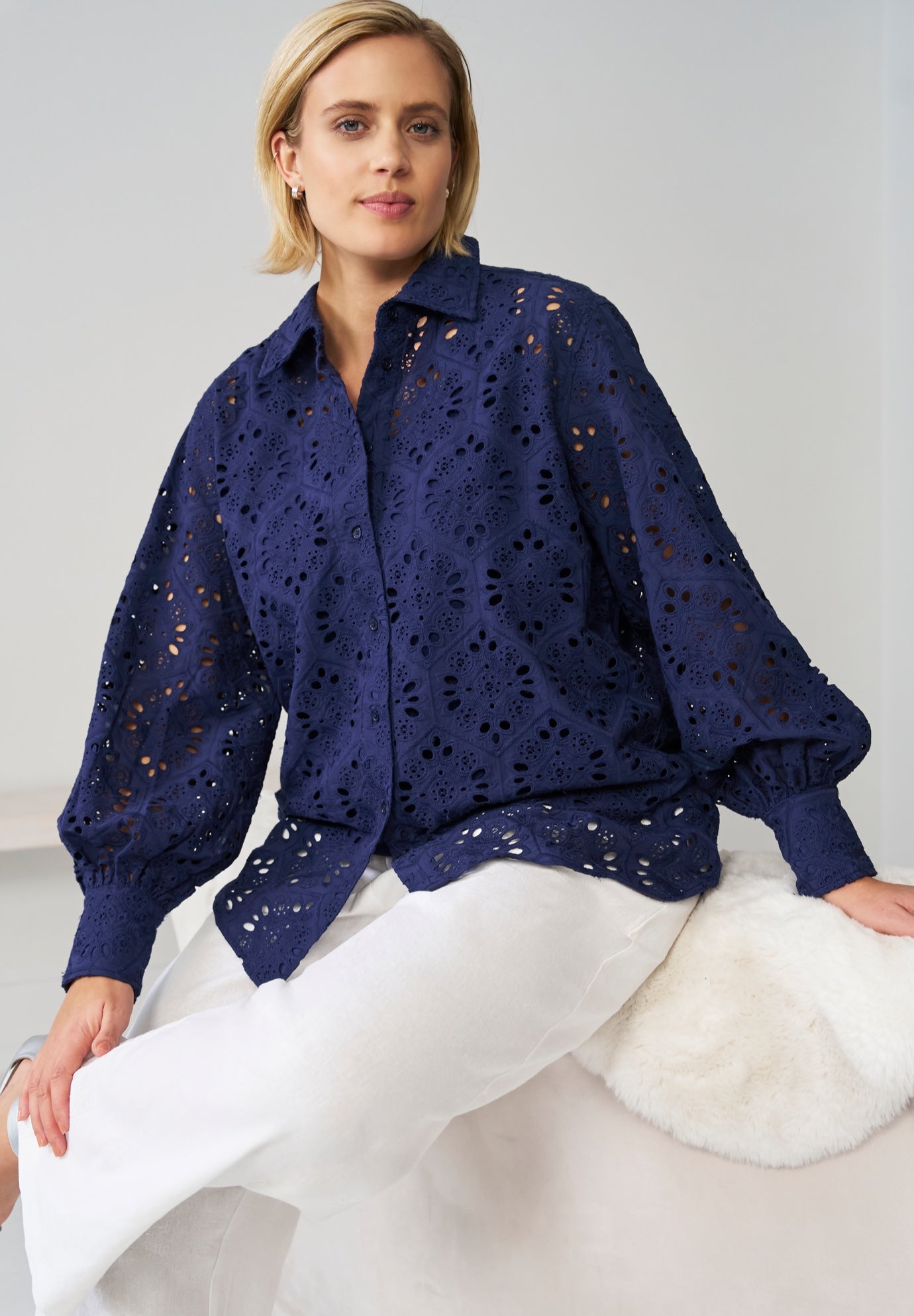 Eyelet Button Front Shirt With Blouson Sleeves image number 0