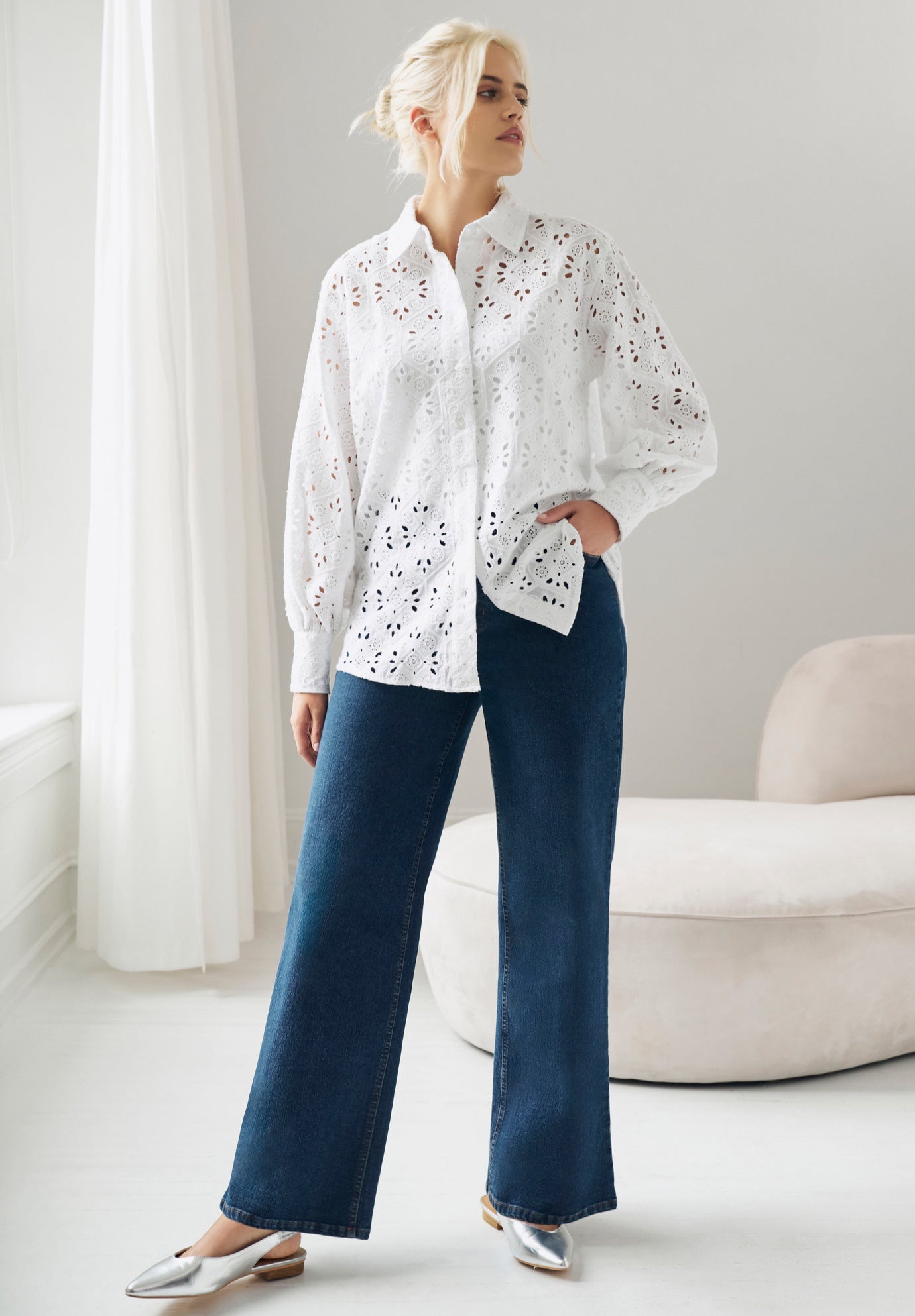 Eyelet Button Front Shirt With Blouson Sleeves image number 1