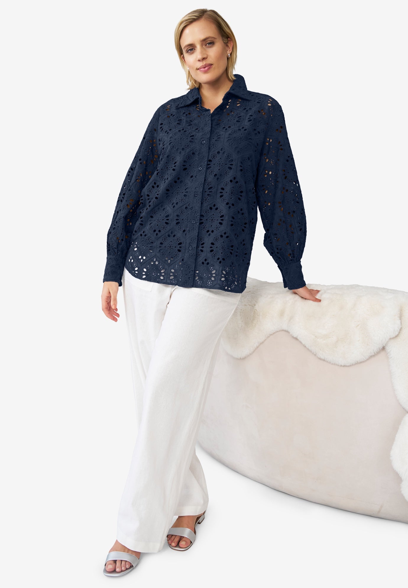 Eyelet Button Front Shirt With Blouson Sleeves image number 3