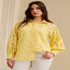 Eyelet Button Front Shirt With Blouson Sleeves image number null