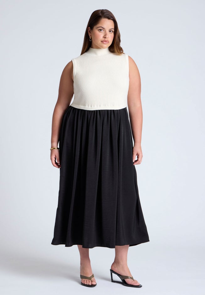 Sleevless Mockneck Twofer Midi Dress image number 1