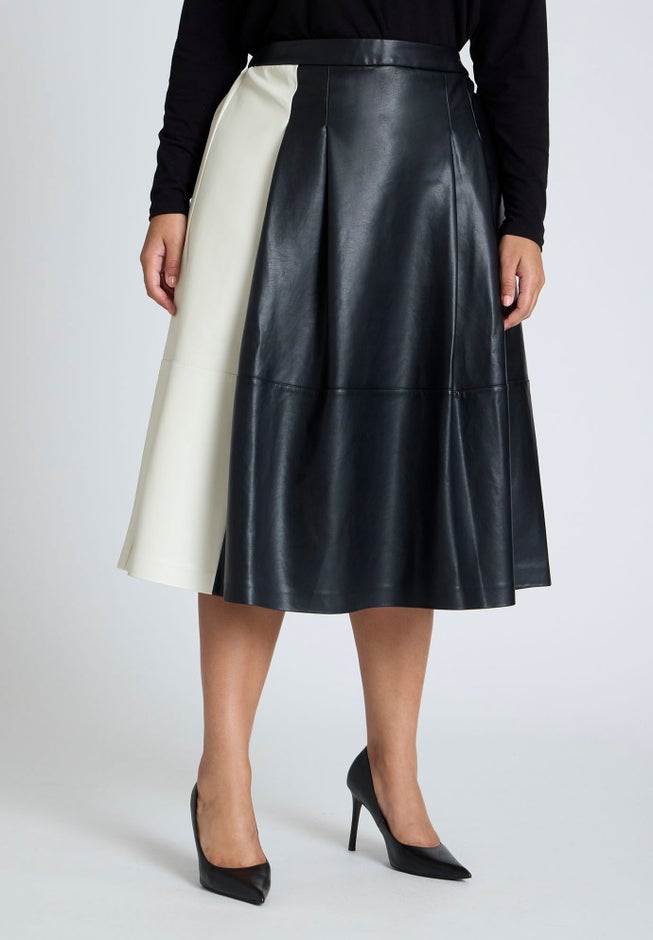 Colorblocked Faux Leather Full Midi Skirt image number 1